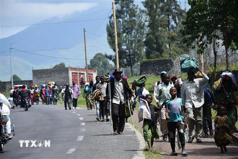 Người dân sơ tán tránh xung đột tại khu vực ngoại ô Goma, tỉnh Bắc Kivu, Cộng hòa Dân chủ Congo, ngày 28/10/2022. (Ảnh: THX/TTXVN)