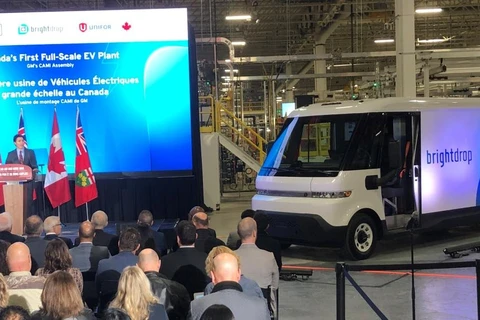Thủ tướng Justin Trudeau phát biểu tại lễ khánh thành nhà máy sản xuất xe điện. (Nguồn: CTV News London)