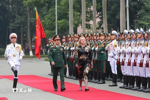 Bộ trưởng Quốc phòng Phan Văn Giang và Bộ trưởng Quốc phòng Séc Jana Cernochova duyệt đội danh dự Quân đội Nhân dân Việt Nam. (Ảnh: Trọng Đức/TTXVN) 