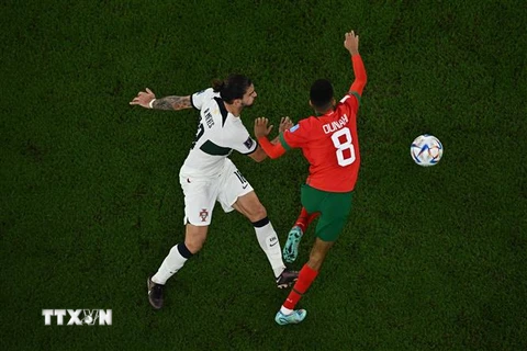 Pha tranh bóng giữa Azzedine Ounahi (phải) và tiền vệ Bồ Đào Nha Ruben Neves. (Ảnh: AFP/TTXVN)