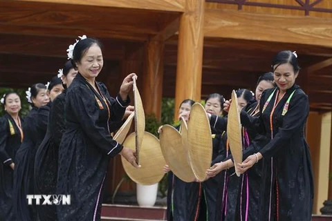 Các thành viên Câu lạc bộ Văn nghệ người cao tuổi phường Na Lay, thị xã Mường Lay trình diễn các điệu múa cổ. (Ảnh: Xuân Tư/TTXVN) 