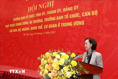 Bà Trương Thị Mai, Uỷ viên Bộ Chính trị, Bí thư Trung ương Đảng, Trưởng Ban Tổ chức Trung ương, phát biểu chỉ đạo hội nghị. (Ảnh: Phương Hoa/TTXVN)