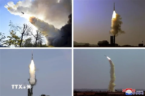 Hình ảnh do Hãng thông tấn Trung ương Triều Tiên đăng phát các ngày 2-5-7/11/2022 về các vụ phóng thử tên lửa của Quân đội Nhân dân Triều Tiên tại một địa điểm không xác định. (Nguồn: AFP/TTXVN)