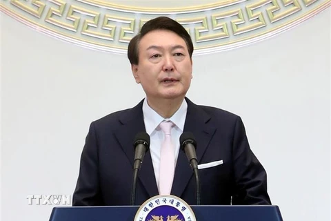 Tổng thống Hàn Quốc Yoon Suk-yeol phát biểu tại Seoul ngày 2/1/2023. (Ảnh: Yonhap/TTXVN)