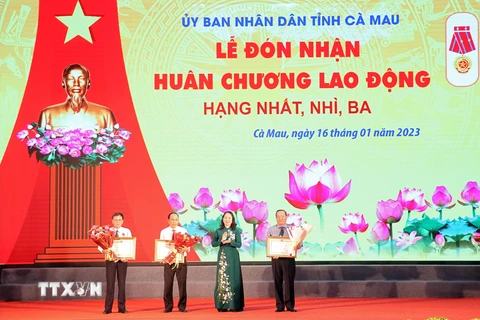 Thừa ủy quyền của Chủ tịch nước, Phó Chủ tịch nước Võ Thị Ánh Xuân trao tặng Huân chương Lao động hạng Nhì cho 3 đồng chí nguyên là lãnh đạo tỉnh Cà Mau. (Ảnh: Huỳnh Anh/TTXVN)
