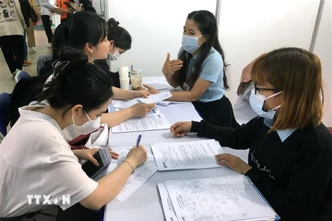 Sinh viên trường Đại học Công nghệ Thành phố Hồ Chí Minh tìm việc làm tại sàn giao dịch của các doanh nghiệp. (Ảnh: Thanh Vũ/TTXVN) 