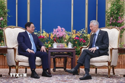 Thủ tướng Phạm Minh Chính và Thủ tướng Singapore Lý Hiển Long hội đàm. (Ảnh: Dương Giang/TTXVN)