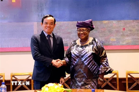 Phó Thủ tướng Trần Lưu Quang và Tổng Giám đốc WTO Okonjo-Iweala. (Ảnh: Tố Uyên/TTXVN) 