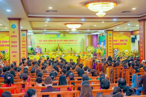 Quang cảnh hội nghị công bố quyết định nhân sự Ban Thông tin Truyền thông Trung ương Giáo hội Phật giáo Việt Nam và triển khai công tác phận sự nhiệm kỳ 2022-2027. (Nguồn: Báo Đại biểu Nhân dân)