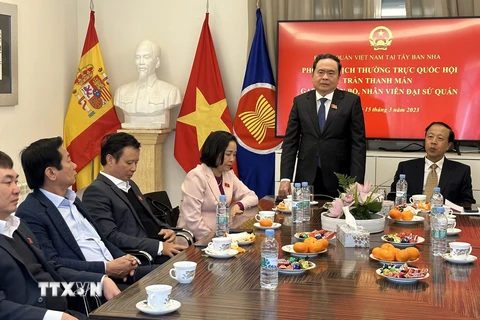 Phó Chủ tịch thường trực Quốc hội Trần Thanh Mẫn thăm và nói chuyện thân mật với cán bộ, nhân viên Đại sứ quán Việt Nam tại Tây Ban Nha. (Ảnh: Thu Hà/TTXVN)