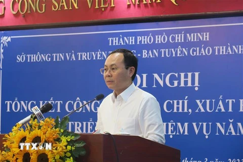 Phó Bí thư Thành ủy Thành phố Hồ Chí Minh Nguyễn Văn Hiếu phát biểu tại hội nghị. (Ảnh: Thu Hoài/TTXVN)