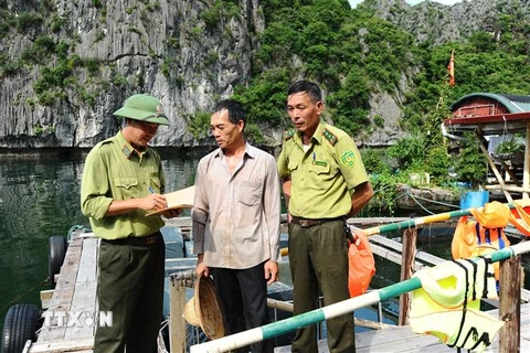 Các cán bộ Trạm Kiểm lâm Việt Hải tuyên truyền nâng cao nhận thức của người dân trong việc bảo vệ, phát triển rừng và khai thác thủy hải sản. (Ảnh: Minh Đức/TTXVN)