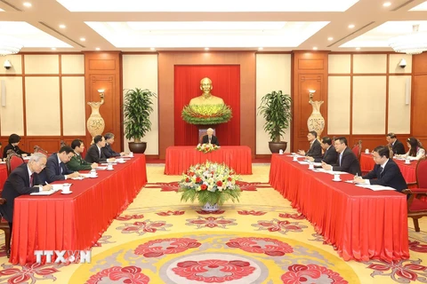 Toàn cảnh buổi điện đàm cấp cao giữa Tổng Bí thư Nguyễn Phú Trọng với Tổng thống Hoa Kỳ Joe Biden. (Ảnh: Trí Dũng/TTXVN)