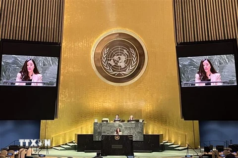Tham tán Công sứ Lê Thị Minh Thoa, Phó Trưởng Phái đoàn đại diện thường trực Việt Nam tại Liên hợp quốc, phát biểu tại phiên họp. (Ảnh: Thanh Tuấn/TTXVN)