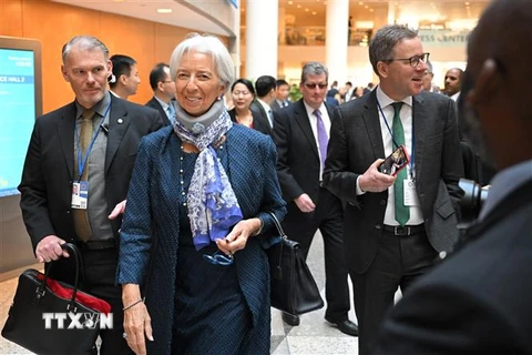 Chủ tịch Ngân hàng Trung ương châu Âu Christine Lagarde tới dự Hội nghị Bộ trưởng Tài chính và Thống đốc Ngân hàng Trung ương G20, ở Washington, DC, Mỹ ngày 13/4/2023. (Ảnh: AFP/TTXVN)