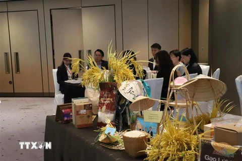 Các sản phẩm gạo tiêu biểu của Việt Nam được giới thiệu tại hội thảo. (Ảnh: Mạc Luyện/TTXVN)