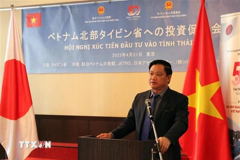 Chủ tịch Ủy ban Nhân dân tỉnh Thái Bình Nguyễn Khắc Thận giải đáp thắc mắc của các nhà đầu tư Nhật Bản. (Ảnh: Đào Thanh Tùng/TTXVN)