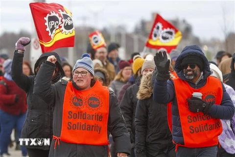 Các thành viên công đoàn Liên minh dịch vụ công Canada (PSAC) tham gia đình công tại Kingston ngày 19/4/2023. (Ảnh: AFP/TTXVN)