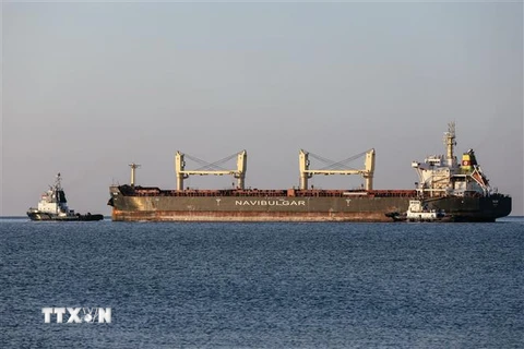 Tàu chở ngũ cốc rời cảng Chornomorsk, Ukraine. (Ảnh: AFP/TTXVN)