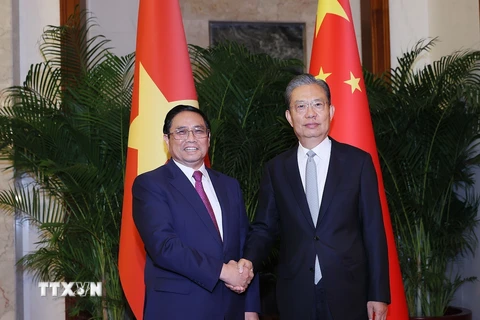 Thủ tướng Phạm Minh Chính hội kiến Ủy viên trưởng Nhân đại Toàn quốc Trung Quốc Triệu Lạc Tế. (Ảnh: Dương Giang/TTXVN)