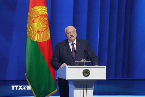Tổng thống Alexander Lukashenko phát biểu tại Minsk, Belarus. (Ảnh: AFP/TTXVN)