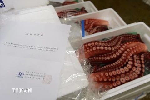 Hải sản đánh bắt từ bờ biển Fukushima được bày bán tại chợ cá ở Tokyo, Nhật Bản. (Ảnh: Kyodo/TTXVN)