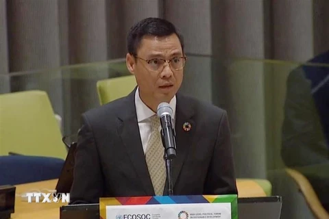 Đại sứ Đặng Hoàng Giang, Trưởng Phái đoàn thường trực Việt Nam tại Liên hợp quốc, phát biểu tại phiên thảo luận. (Ảnh: TTXVN/phát)