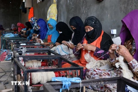 Phụ nữ Afghanistan làm việc tại một xưởng may ở tỉnh Herat ngày 7/8/2023. (Ảnh: AFP/TTXVN)