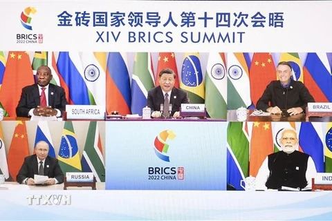 Các nhà lãnh đạo BRICS tham dự Hội nghị Thượng đỉnh lần thứ 14 theo hình thức trực tuyến, ngày 23/6/2022. (Ảnh: THX/TTXVN)