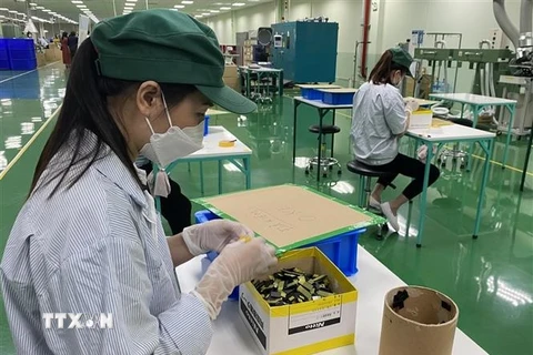 Sản xuất tại Nhà máy của Công ty Tsuchiya Tsco (Hà Nội) Co.,LTD ở Khu công nghiệp Thăng Long Vĩnh Phúc. (Ảnh: Nguyễn Thảo/TTXVN)