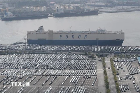 Xe ôtô chờ vận chuyển tại kho cảng của nhà máy sản xuất xe Hyundai ở Ulsan, Hàn Quốc ngày 16/9/2022. (Ảnh: Yonhap/TTXVN)