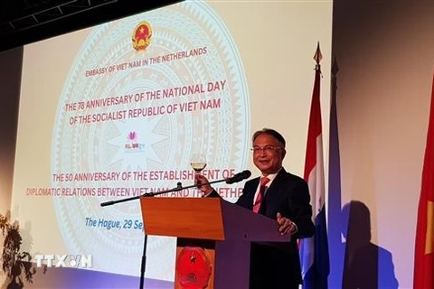 Đại sứ Việt Nam tại Hà Lan Ngô Hướng Nam phát biểu tại lễ kỷ niệm. (Ảnh: TTXVN phát)