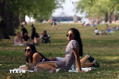 Người dân tránh nắng nóng dưới bóng cây trong Công viên Green ở London, Anh. (Ảnh: AFP/TTXVN)