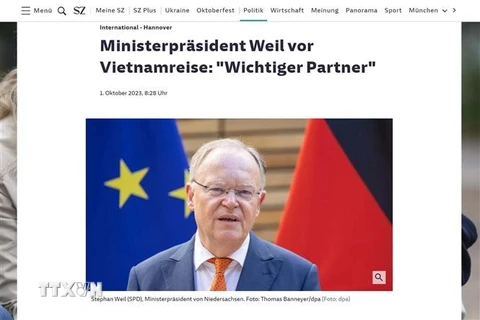 Báo Nam Đức (SZ) đưa tin về chuyến thăm của Thủ hiến Niedersachsen tới Việt Nam. (Ảnh: TTXVN phát)