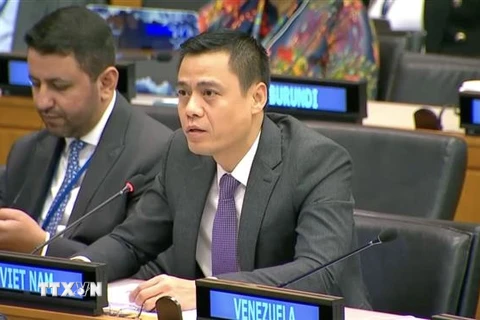 Đại sứ Đặng Hoàng Giang, Trưởng Phái đoàn thường trực Việt Nam tại Liên hợp quốc, thay mặt ASEAN phát biểu tại phiên thảo luận. (Ảnh: TTXVN phát)