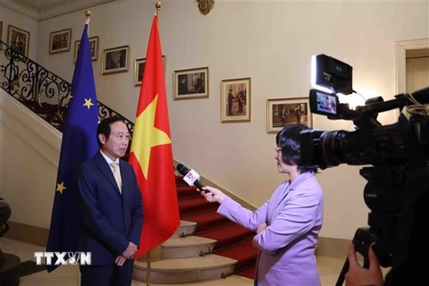 Đại sứ Nguyễn Văn Thảo trả lời phỏng vấn phóng viên TTXVN tại Brussels. (Ảnh: Duy Tùng/TTXVN)