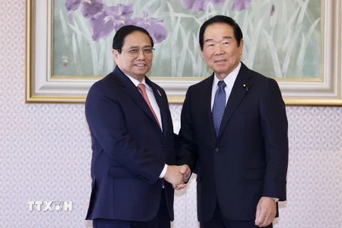 Thủ tướng Phạm Minh Chính gặp Chủ tịch Hạ viện Nhật Bản Nukaga Fukushiro. (Ảnh: Dương Giang/TTXVN)