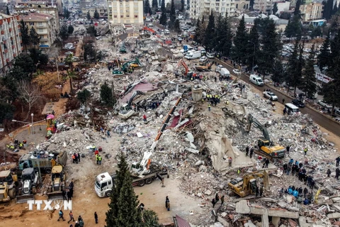 Cảnh đổ nát sau trận động đất tại Kahramanmaras, Thổ Nhĩ Kỳ, ngày 10/2/2023. (Ảnh: AFP/TTXVN)