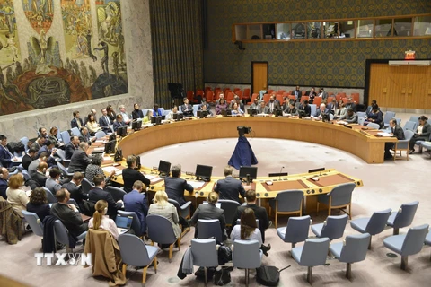 Toàn cảnh phiên họp của Hội đồng Bảo an Liên hợp quốc về các vụ oanh kích đáp trả của Anh và Mỹ nhằm vào lực lượng Houthi ở Yemen, ngày 12/1/2024. (Ảnh: KYODO/TTXVN)