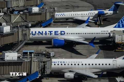 Máy bay của Hãng hàng không United Airlines tại sân bay quốc tế Newark, New Jersey, ngày 9/3/2023. (Ảnh: AFP/TTXVN)