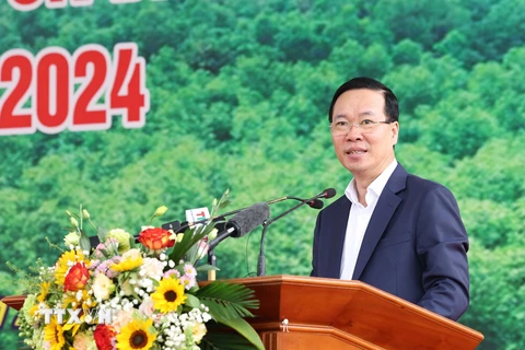 Chủ tịch nước Võ Văn Thưởng phát biểu tại Lễ phát động Tết trồng cây “Đời đời nhớ ơn Bác Hồ” Xuân Giáp Thìn 2024. (Ảnh: Thống Nhất/TTXVN)