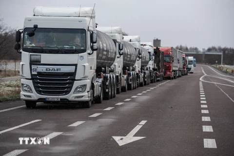 Xe tải xếp hàng chờ tại khu vực biên giới Ba Lan-Ukraine ở Hrebenne, Đông Nam Ba Lan ngày 23/12/2023. (Ảnh: PAP/TTXVN)