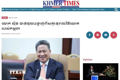 Bài viết trên trang chủ của báo “Khmer Times” với tiêu đề “Phó Thủ tướng Sun Chanthol nhấn mạnh tiềm năng đầu tư của Campuchia” đăng ngày 8/3/2024. (Ảnh: TTXVN phát)
