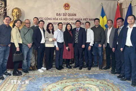 Các trí thức và nhà khoa học Việt Nam tại Thụy Điển chụp ảnh lưu niệm với Đại sứ Trần Văn Tuấn (thứ 6 từ bên phải). (Ảnh: TTXVN phát)