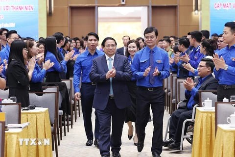 Thủ tướng Phạm Minh Chính đến dự cuộc gặp mặt và đối thoại với thanh niên năm 2024. (Ảnh: Dương Giang/TTXVN)