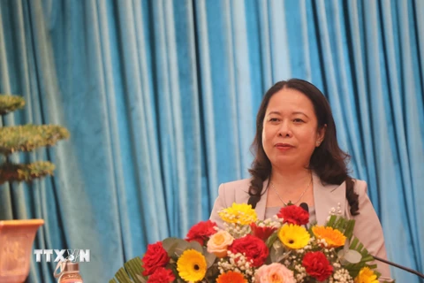 Quyền Chủ tịch nước Võ Thị Ánh Xuân phát biểu tại Hội nghị. (Ảnh: Sỹ Thắng/TTXVN)