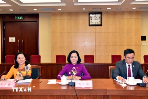 Trưởng Ban Công tác đại biểu thuộc Ủy ban Thường vụ Quốc hội Nguyễn Thị Thanh (giữa) tại buổi làm việc. (Ảnh: Tiến Trung/TTXVN)