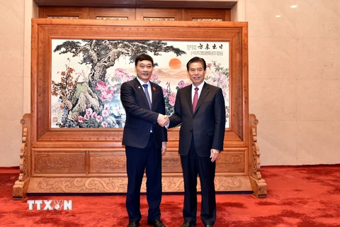 Chủ nhiệm Ủy ban Kinh tế của Quốc hội Vũ Hồng Thanh (trái) và Chủ nhiệm Ủy ban Kinh tế-Tài chính Nhân Đại toàn quốc Trung Quốc Trung Sơn. (Ảnh: Tiến Trung/TTXVN)