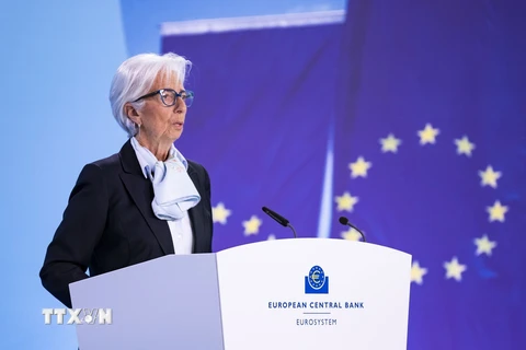 Chủ tịch Ngân hàng Trung ương châu Âu (ECB) Christine Lagarde trong cuộc họp báo sau cuộc họp chính sách tại Frankfurt, Đức ngày 11/4/2024. (Ảnh: THX/TTXVN)