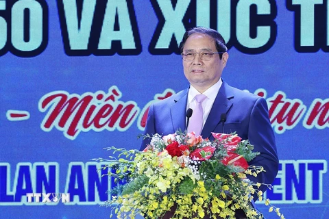 Thủ tướng Phạm Minh Chính phát biểu tại Hội nghị công bố quy hoạch tỉnh Ninh Thuận. (Ảnh: Dương Giang/TTXVN)